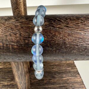 Frosted Blue Glass Bead Bracelet With Silver Accents